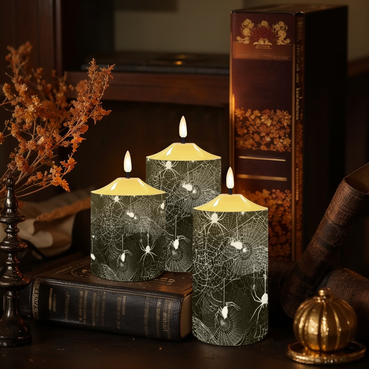 Flameless Candles Lamp Set of 3 Black and White Spider Webs