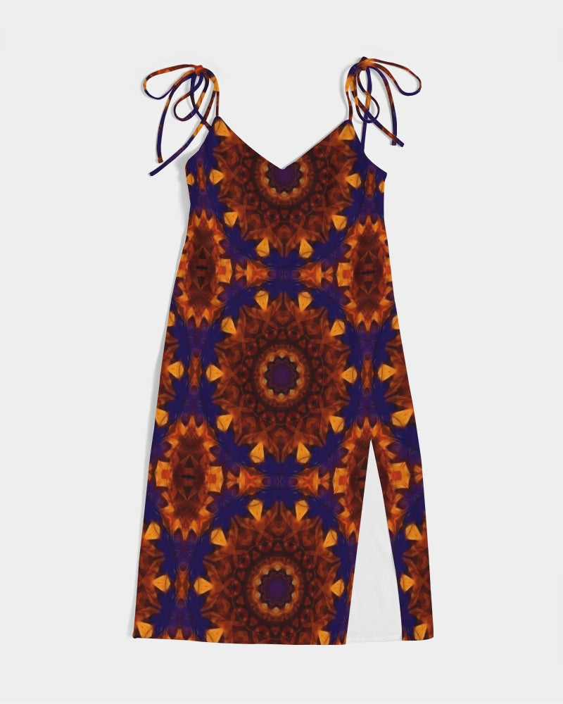 Blue Orange Red Kaleidoscope Women's All-Over Print Tie Strap Split Dress