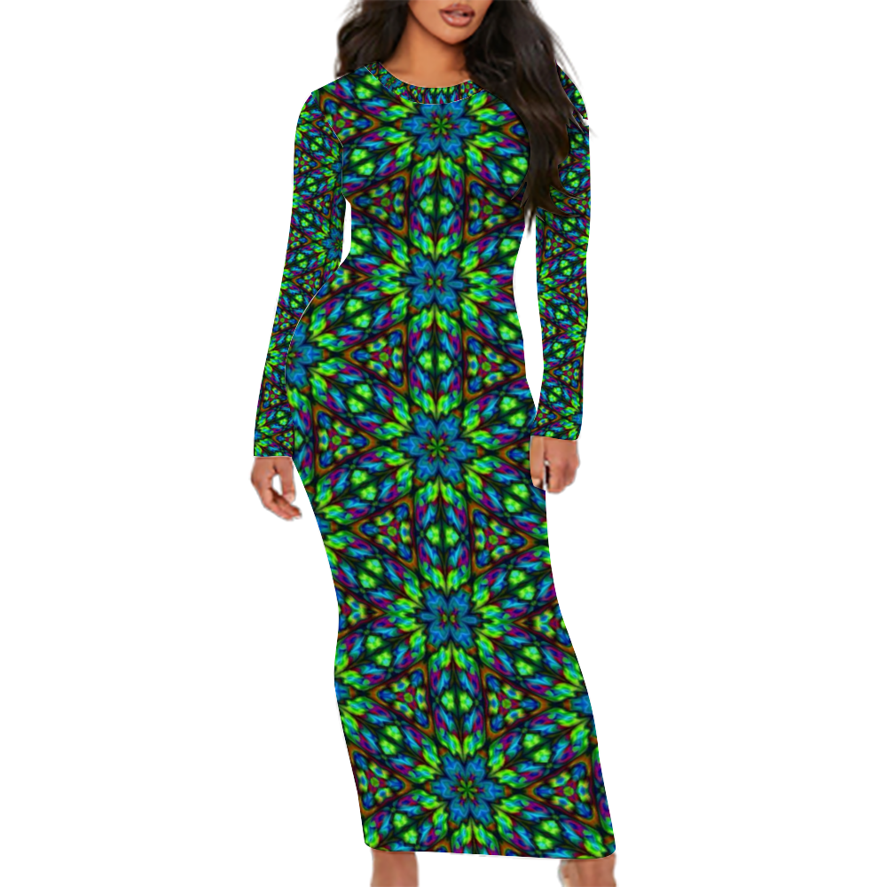 Blue Green Kaleidoscope Custom Women's Long Sleeve Dress Summer All Over Print Stylish Long Dress