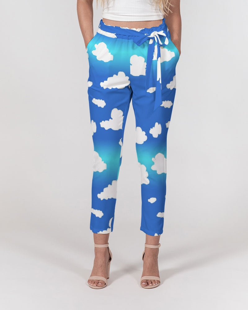 Clouds Pattern Women's All-Over Print Belted Tapered Pants