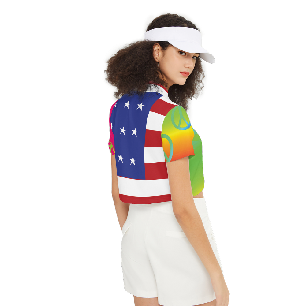 Rainbow Peace Sign American Flag Women's Short-Sleeve Crop Polo Shirt-Heavyweight 225g