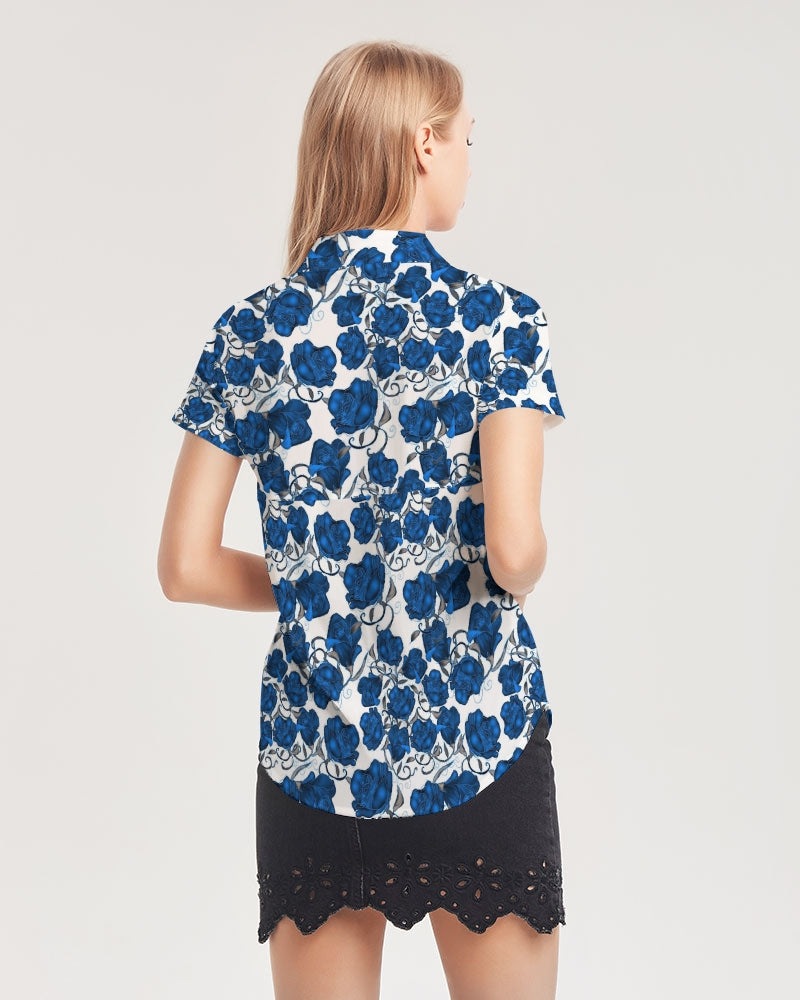 Blue Roses Women's All-Over Print Short Sleeve Button Up
