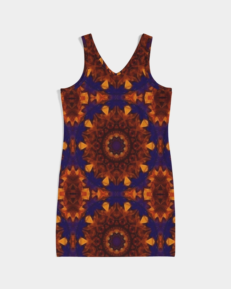 Blue Orange Red Kaleidoscope Women's All-Over PrintRib Knit V Neck Mini Dress