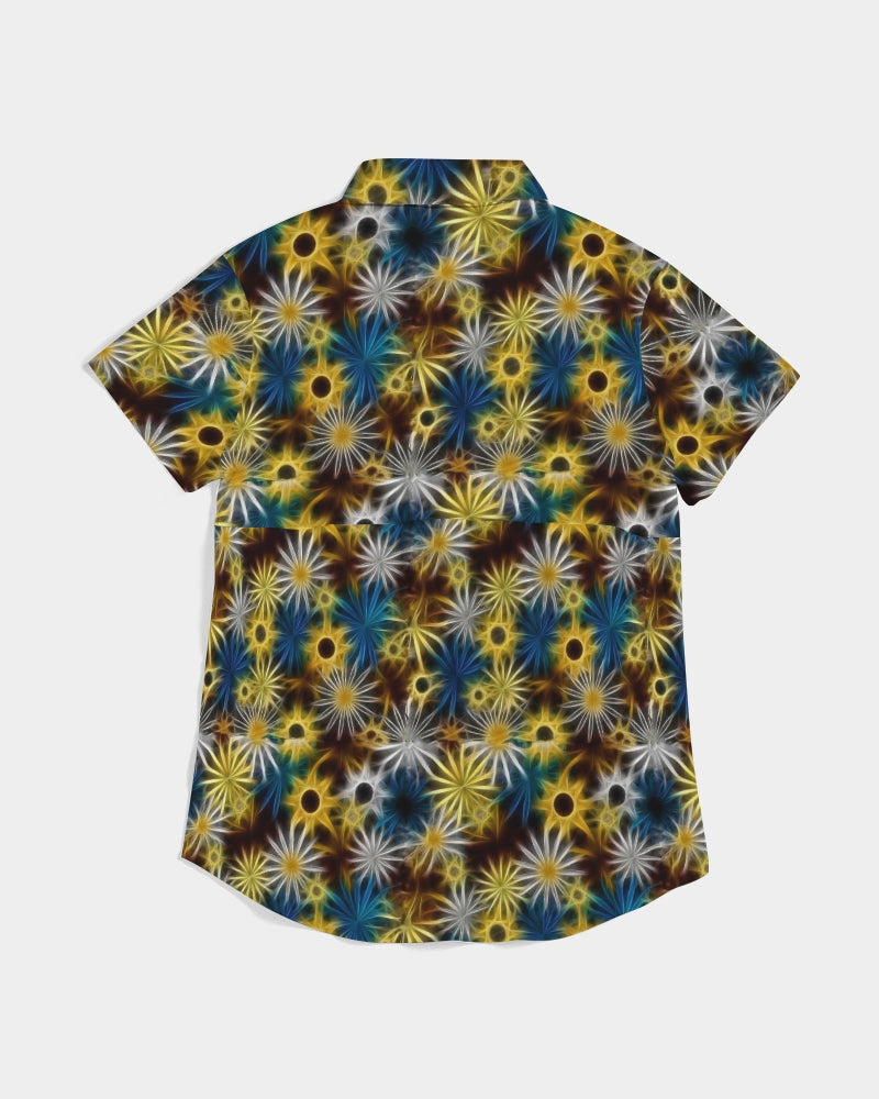 Blue and Yellow Glowing Daisies Women's All-Over Print Short Sleeve Button Up