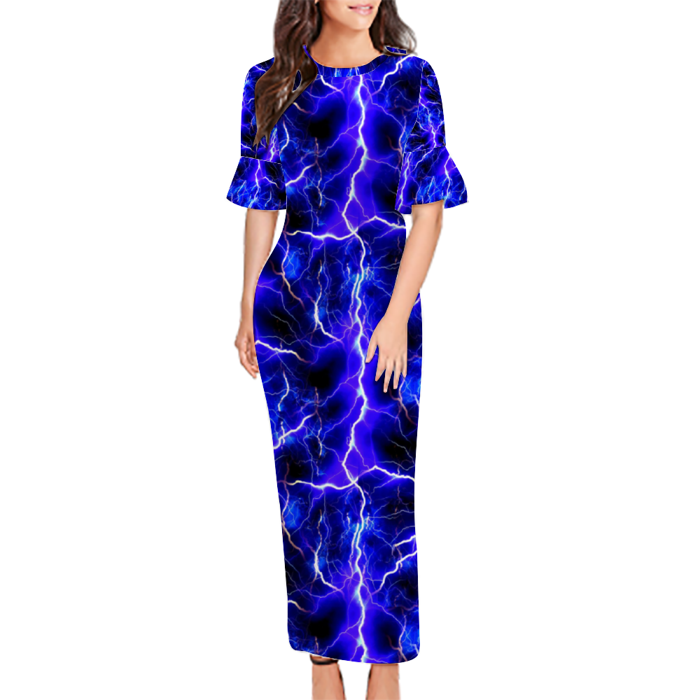 Blue Lightning Custom Lotus Leaf Short Sleeve Long Dress Women's Summer Fashion Dress