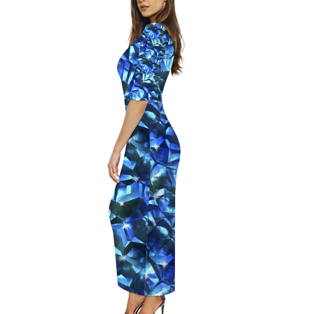 Blue Crystal Pattern Custom Lotus Leaf Short Sleeve Long Dress Women's Summer Fashion Dress