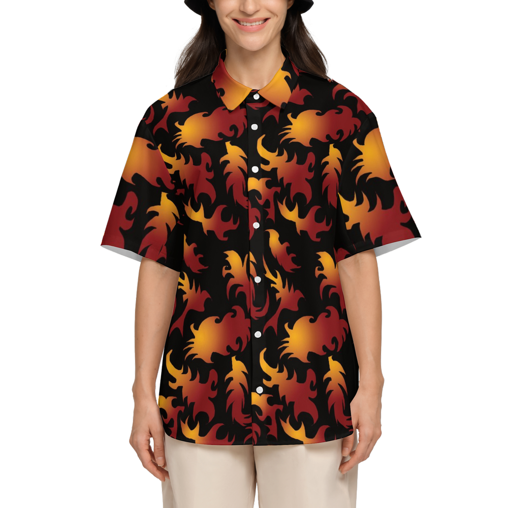 Abstract Flames Pattern Women's Short-Sleeve Button-Up Shirt-Cotton Feel
