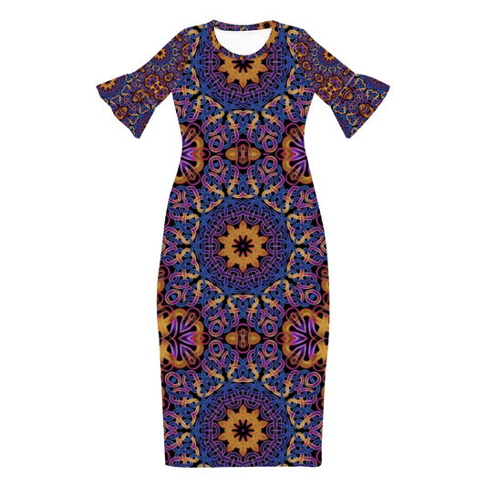 Blue Gold Celtic Kaleidoscope Custom Lotus Leaf Short Sleeve Long Dress Women's Summer Fashion Dress