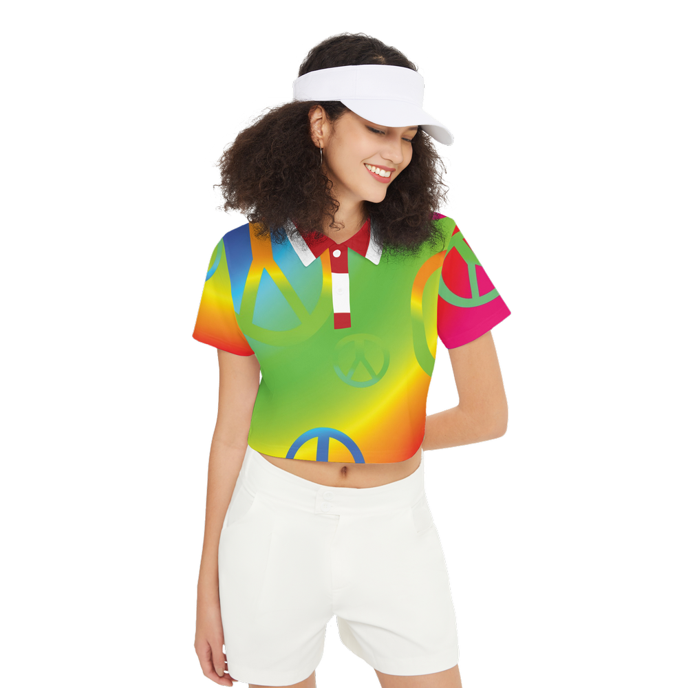 Rainbow Peace Sign American Flag Women's Short-Sleeve Crop Polo Shirt-Heavyweight 225g