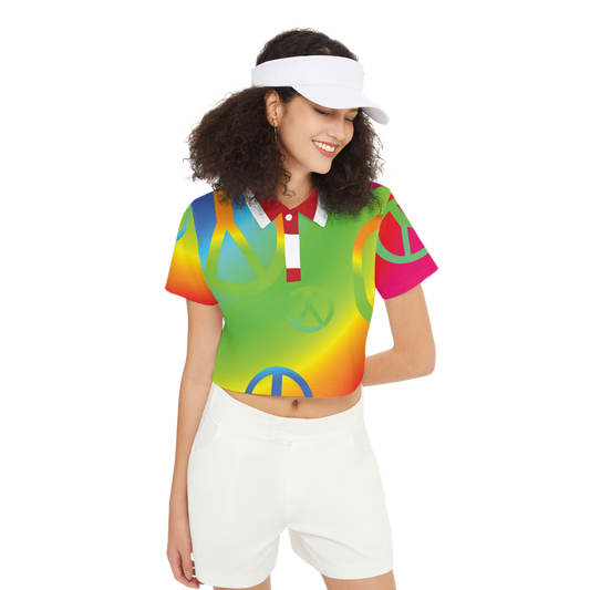 Rainbow Peace Sign American Flag Women's Short-Sleeve Crop Polo Shirt-Heavyweight 225g