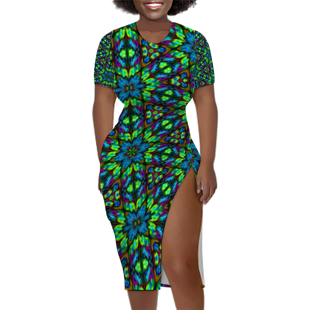 Blue Green Kaleidoscope Custom Women's Split Dress Summer Stylish Short Sleeve Dress