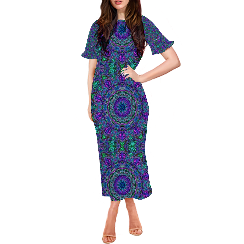 Blue Green Purple Kaleidoscope Custom Lotus Leaf Short Sleeve Long Dress Women's Summer Fashion Dress