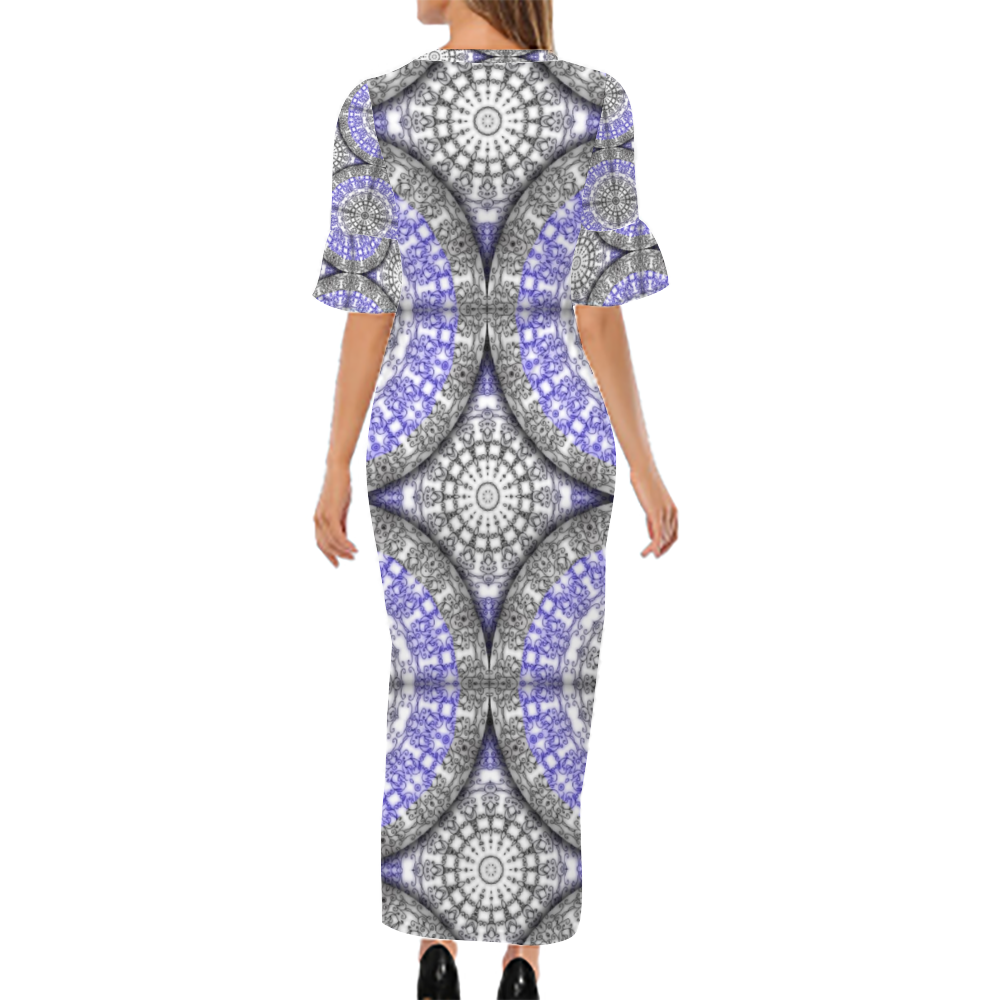 Blue and White Vines Pattern Custom Lotus Leaf Short Sleeve Long Dress Women's Summer Fashion Dress