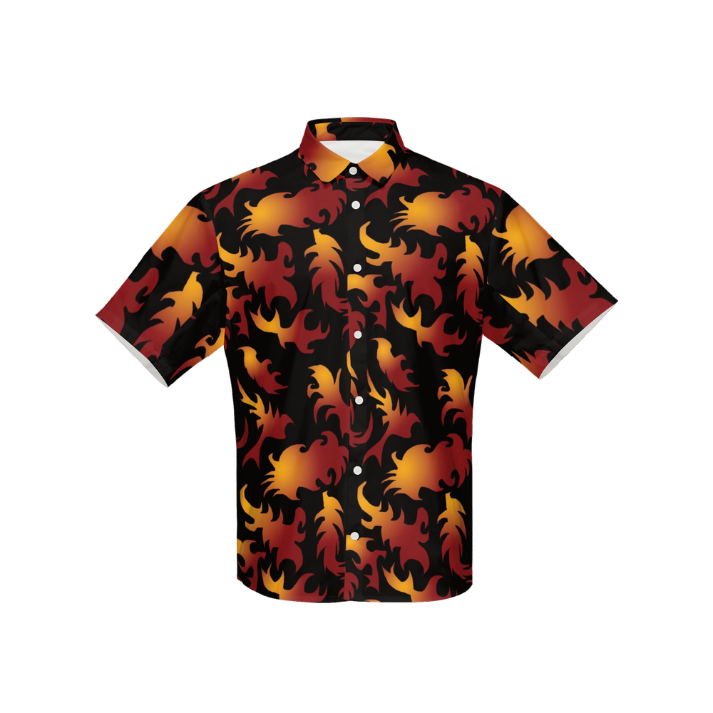 Abstract Flames Pattern Women's Short-Sleeve Button-Up Shirt-Cotton Feel