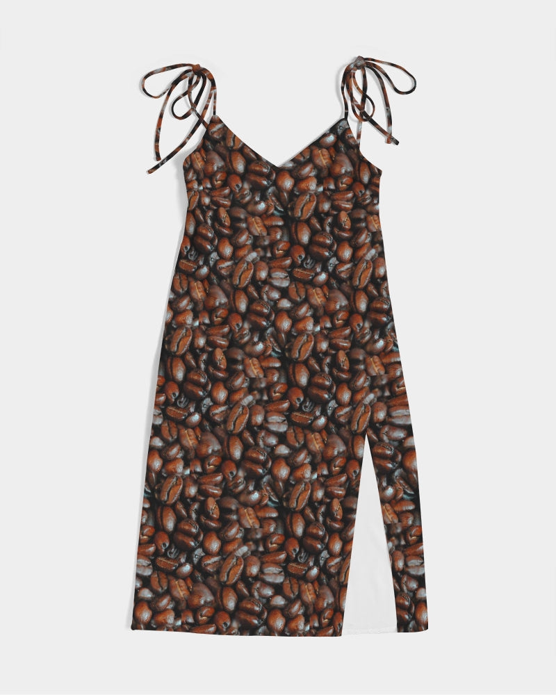 Coffee Bean Pattern Women's All-Over Print Tie Strap Split Dress