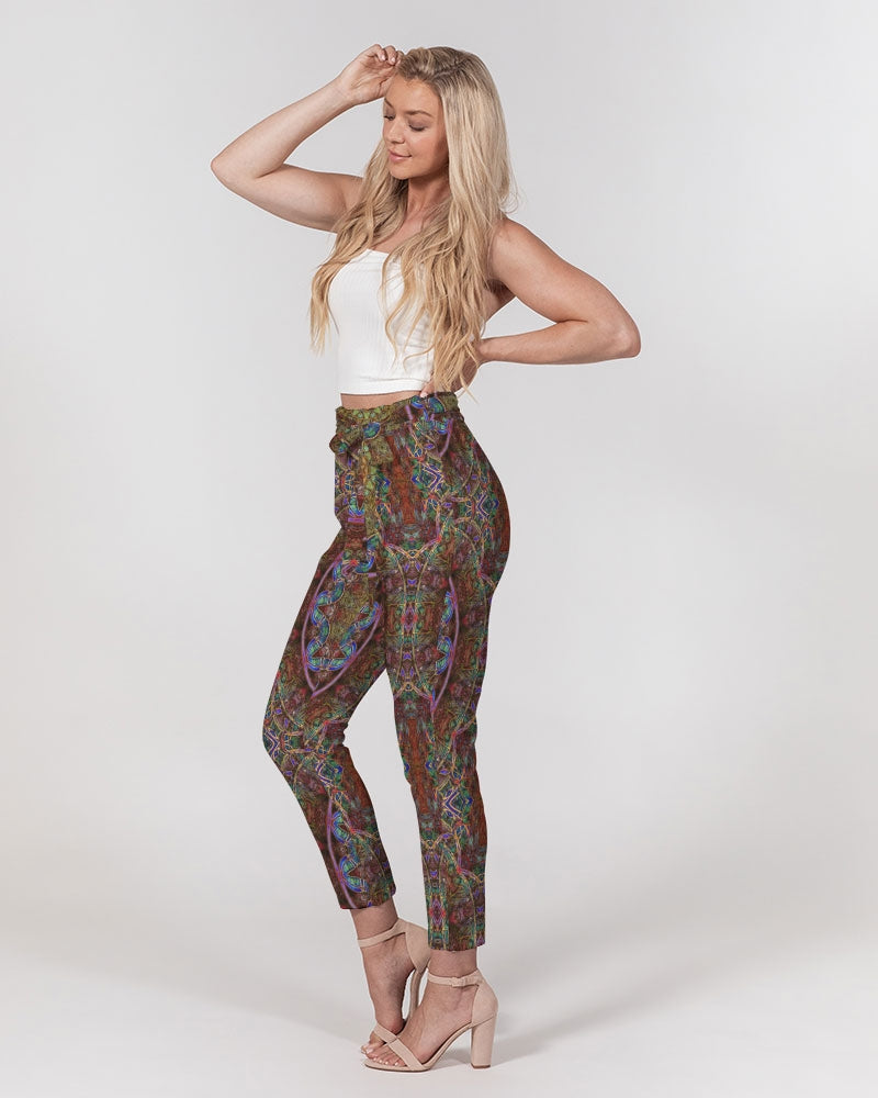 Blue Pink Windy Kaleidoscope Women's All-Over Print Belted Tapered Pants