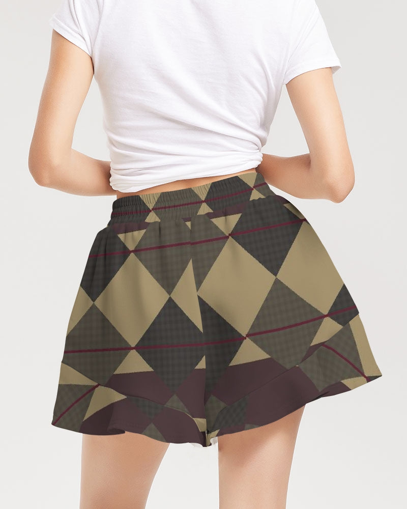 Checkered Brown Plaid Argyle Women's All-Over Print Ruffle Shorts