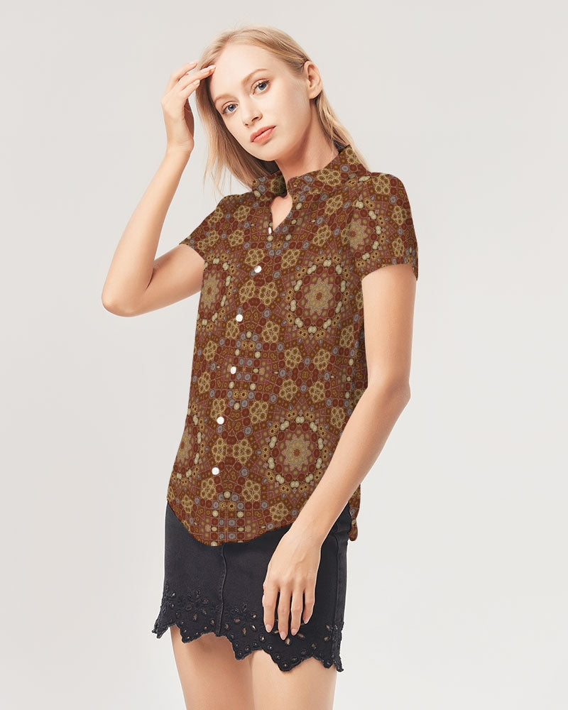 Checkered Star Geometry Women's All-Over Print Short Sleeve Button Up