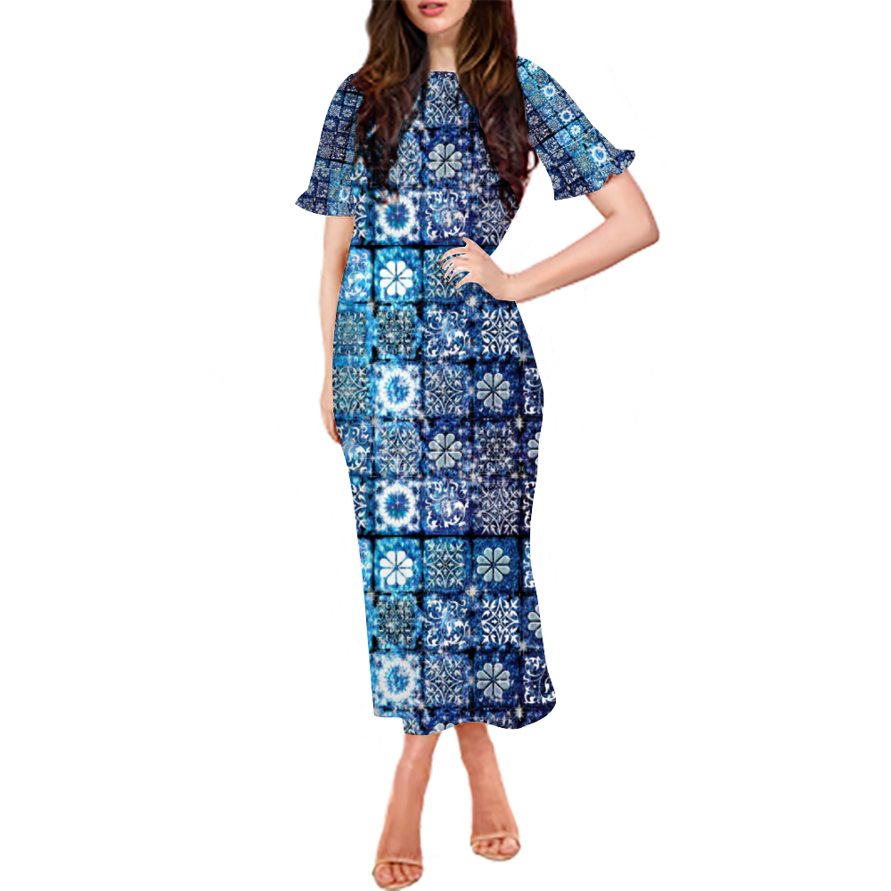 Blue Ice Crystals Motif Custom Lotus Leaf Short Sleeve Long Dress Women's Summer Fashion Dress