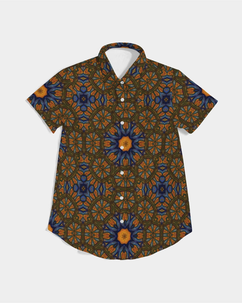 Blue and Yellow Sketch Kaleidoscope  Women's All-Over Print Short Sleeve Button Up