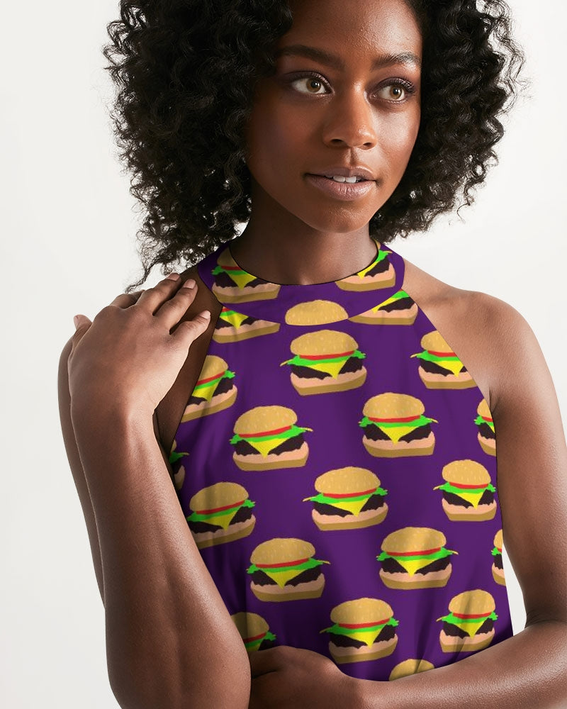 Cheeseburger Pattern Women's All-Over Print Halter Dress