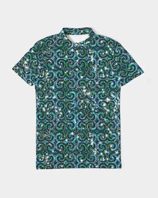 Blue Ice Sparkle Swirl Men's All-Over Print Slim Fit Short Sleeve Polo