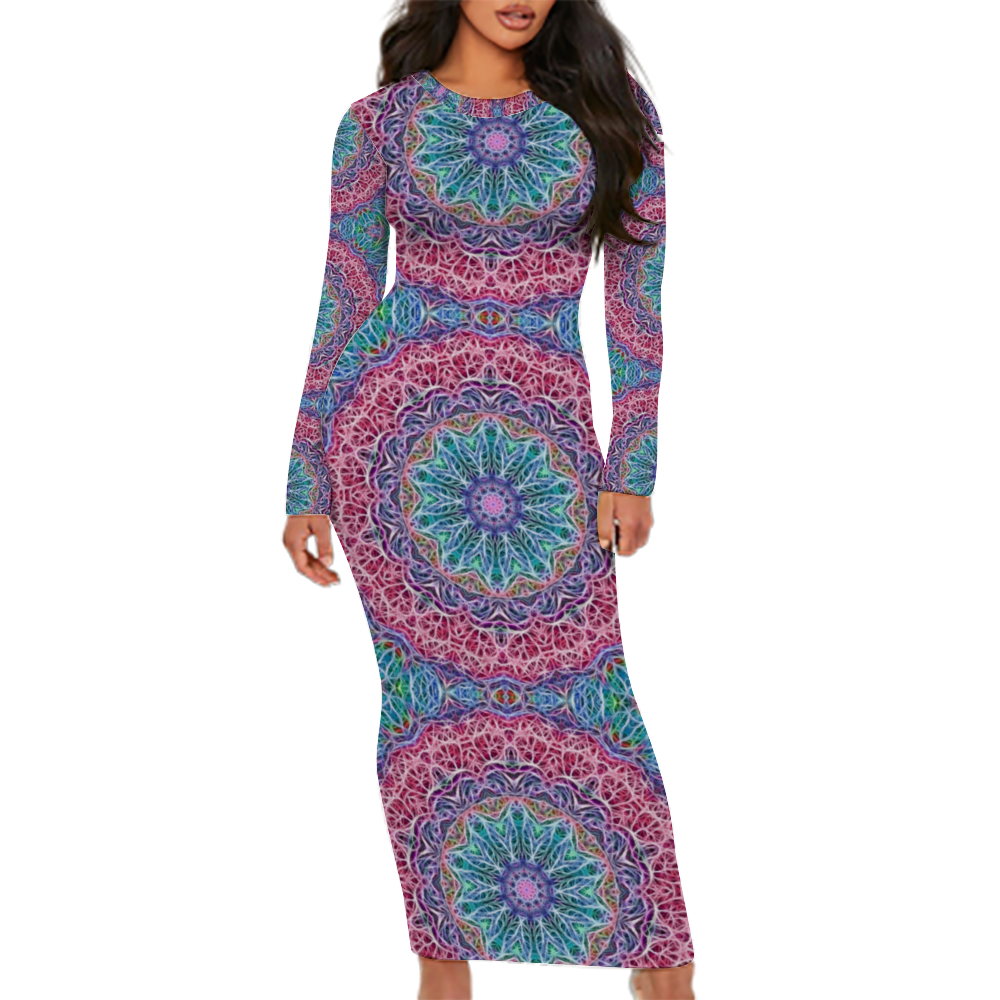 blue and Pink Kaleidoscope Custom Women's Long Sleeve Dress Summer All Over Print Stylish Long Dress
