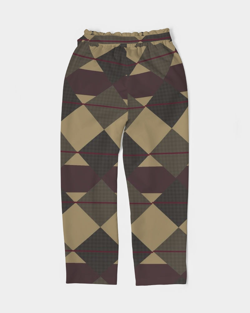 Checkered Brown Plaid Argyle Women's All-Over Print Belted Tapered Pants