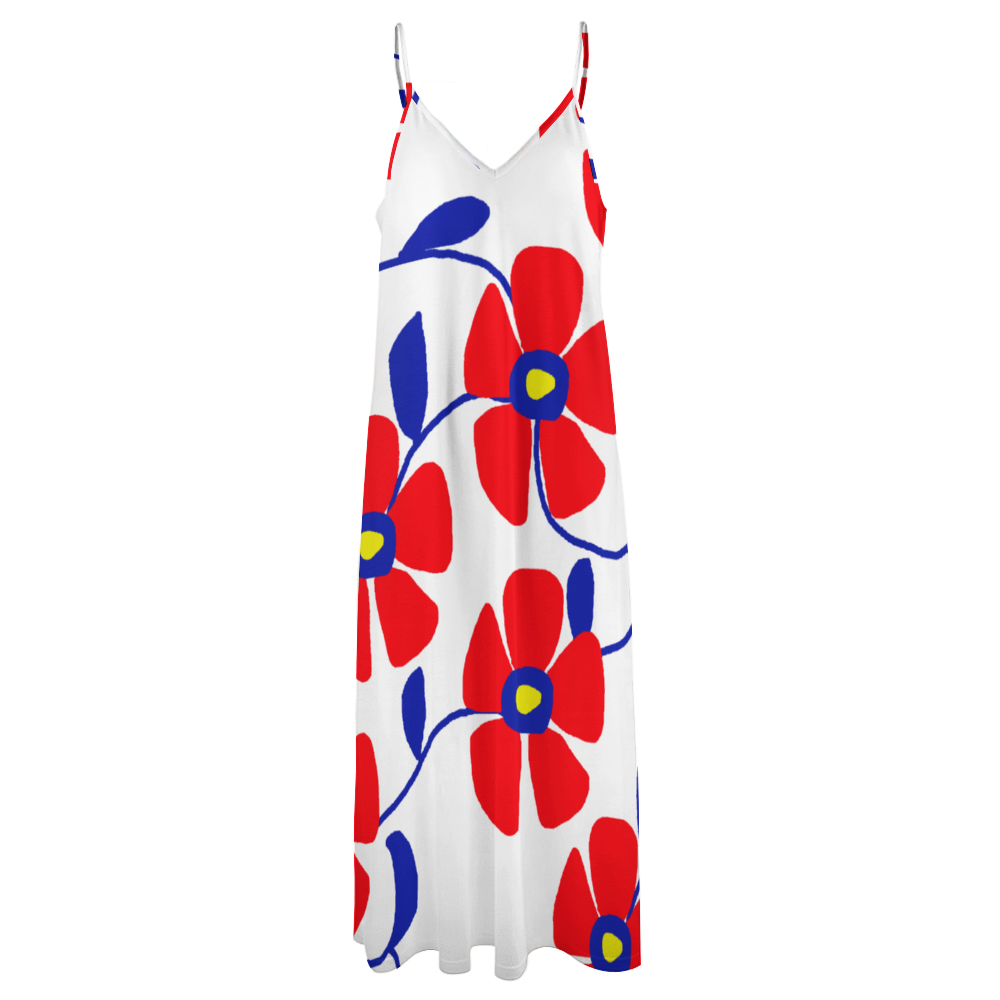 Blue Flowers Red Thorns Custom All Over Print Women's Summer Fashion Slip Dress Long Skirts