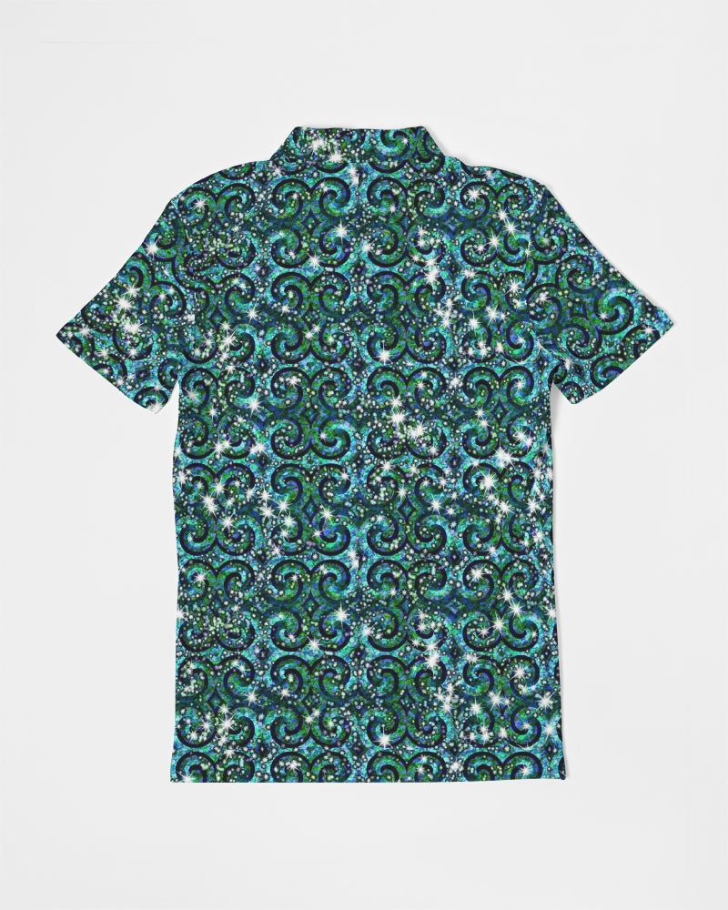 Blue Ice Sparkle Swirl Men's All-Over Print Slim Fit Short Sleeve Polo