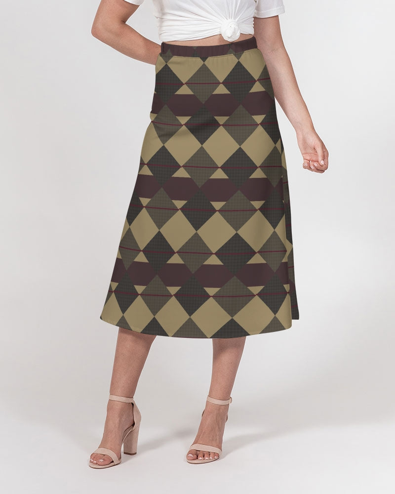 Checkered Brown Plaid Argyle Women's All-Over Print A-Line Midi Skirt