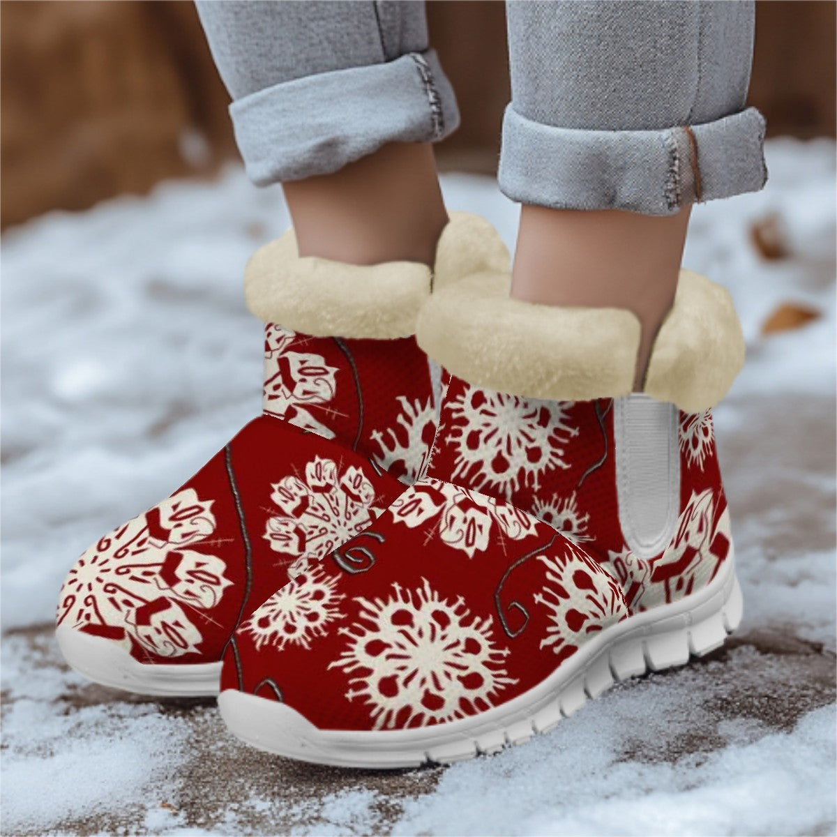 Snow Boots Snowflakes On Red