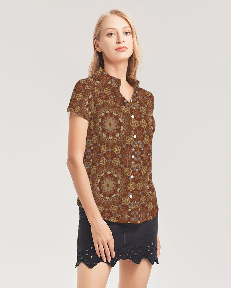 Checkered Star Geometry Women's All-Over Print Short Sleeve Button Up