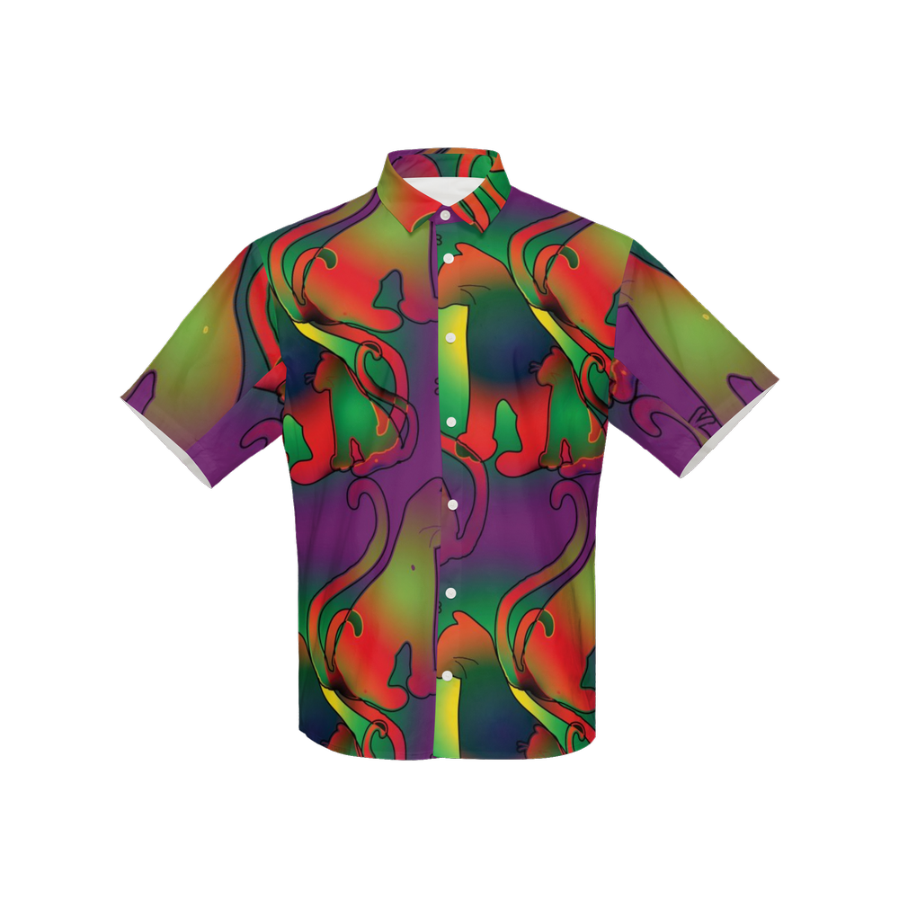 Abstract Rainbow Cats Women's Short-Sleeve Button-Up Shirt-Cotton Feel