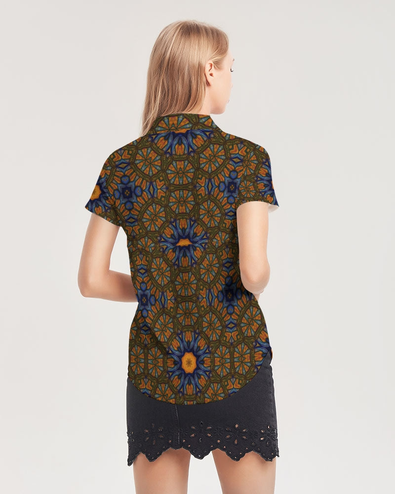 Blue and Yellow Sketch Kaleidoscope  Women's All-Over Print Short Sleeve Button Up