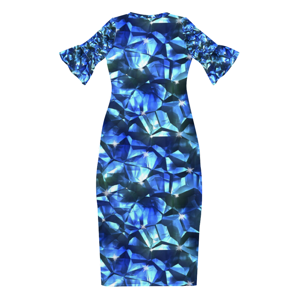 Blue Crystal Pattern Custom Lotus Leaf Short Sleeve Long Dress Women's Summer Fashion Dress