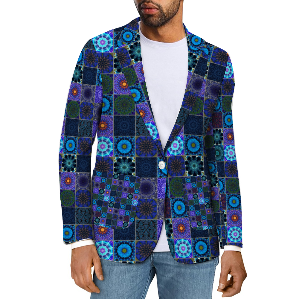 Blue Crazy Quilt All Over Print Men Casual Suit Blazer with Pockets Coat Fashion