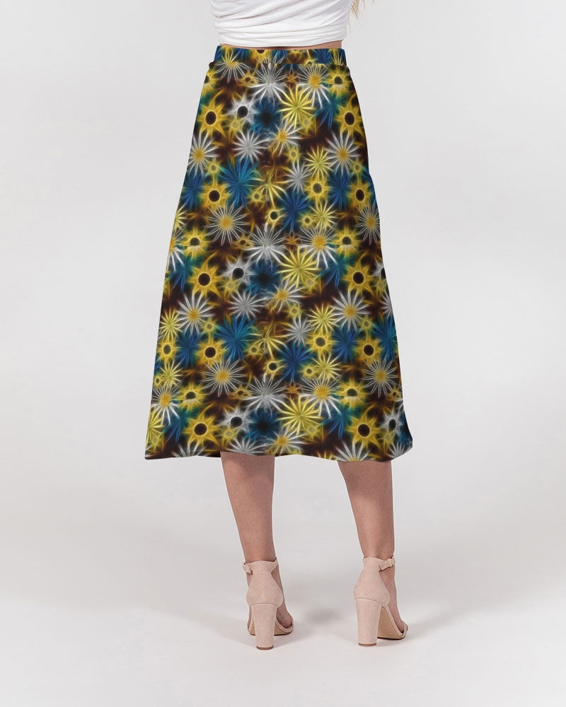 Blue and Yellow Glowing Daisies Women's All-Over Print A-Line Midi Skirt