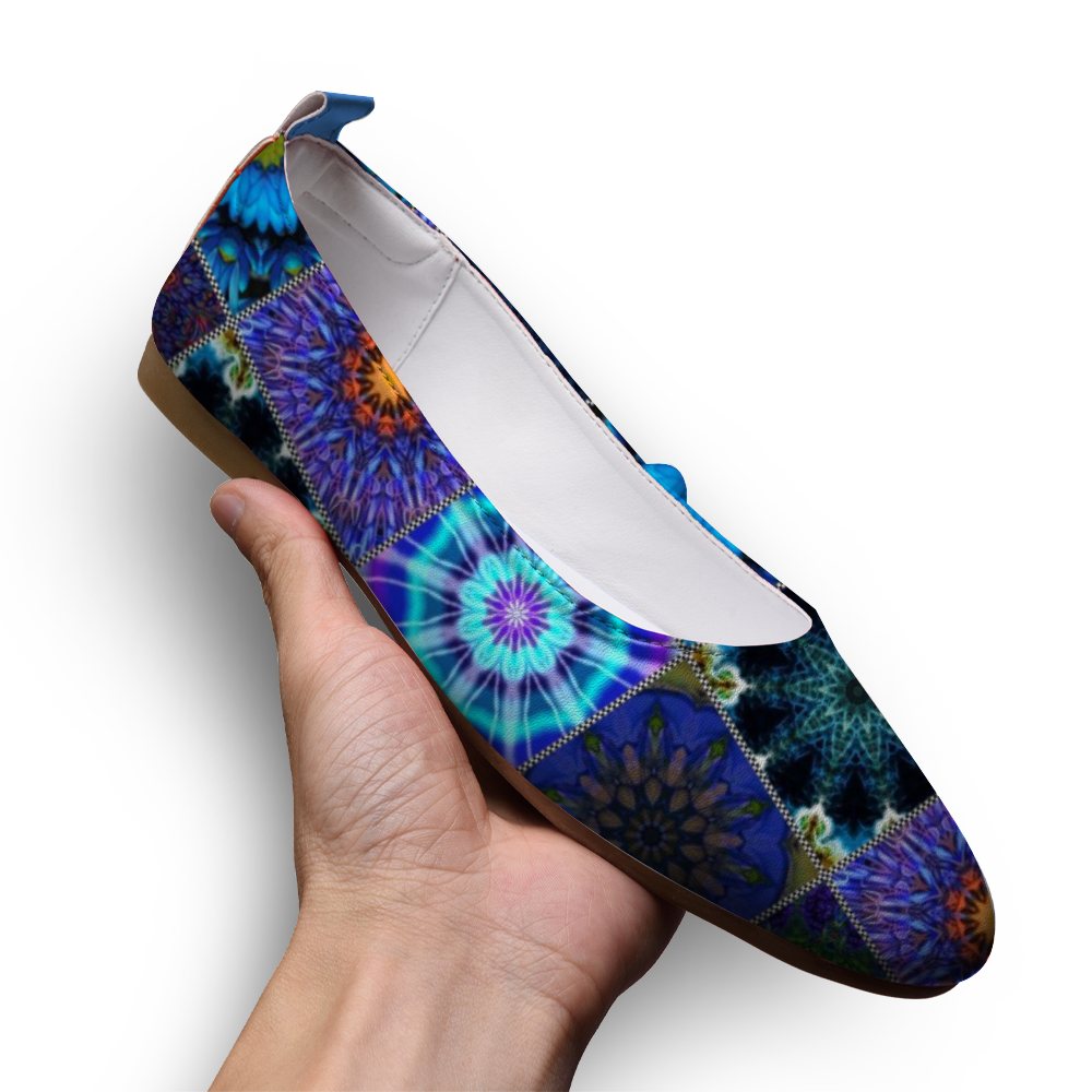 Blue Crazy Quilt Custom Unisex Flat Shoes Leather Shoes Comfortable Round Toe Slip