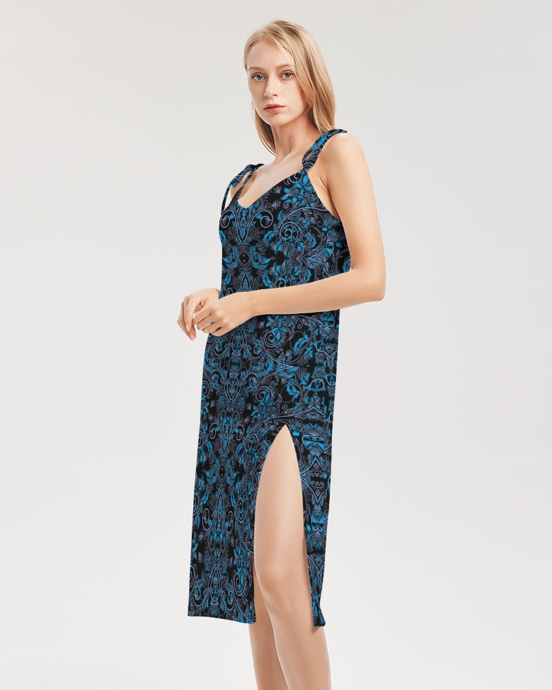 Blue Vines and Lace Women's All-Over Print Tie Strap Split Dress