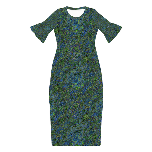 Blue Green Liquid Marbling Custom Lotus Leaf Short Sleeve Long Dress Women's Summer Fashion Dress