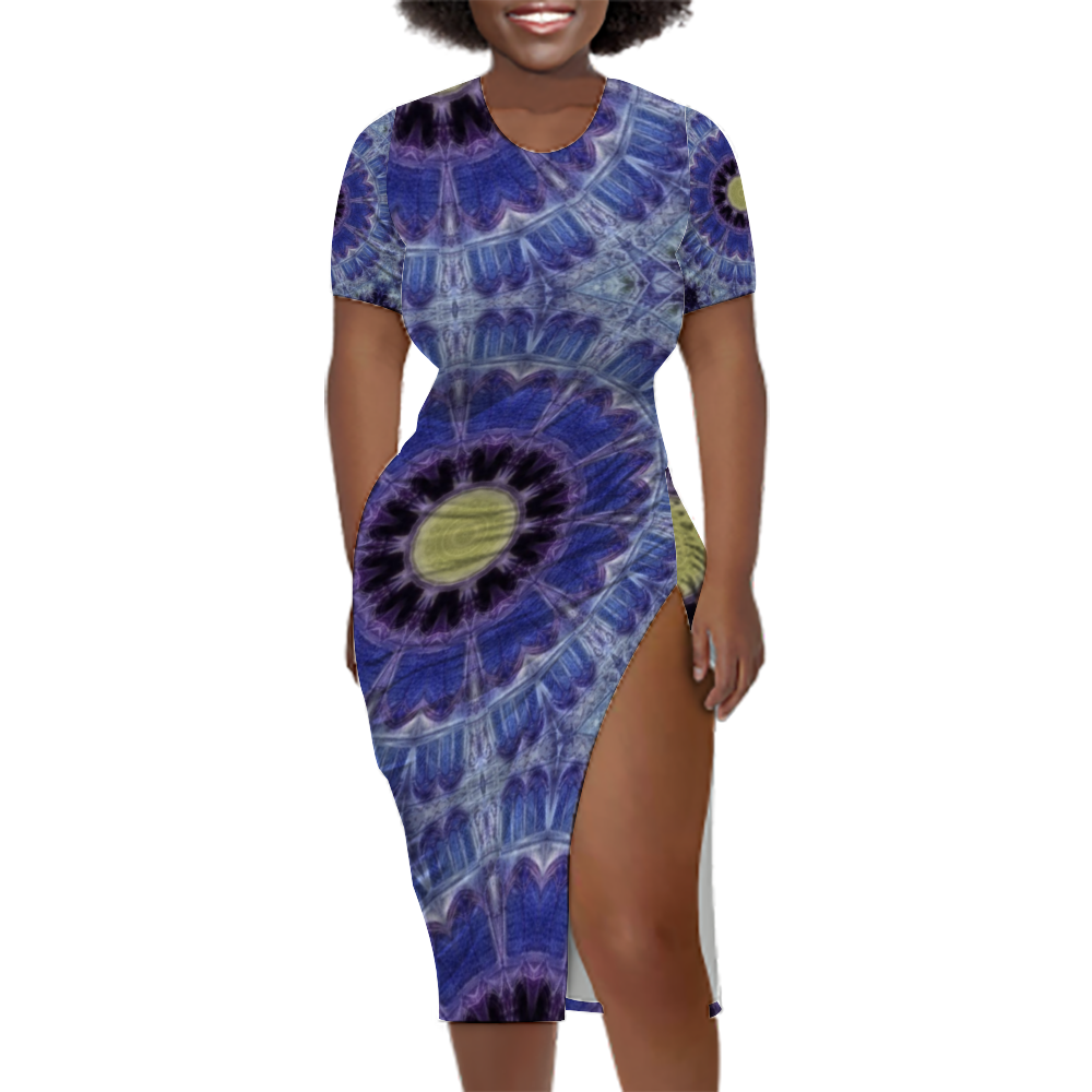 Blue Cathedral Kaleidoscope Custom Women's Split Dress Summer Stylish Short Sleeve Dress