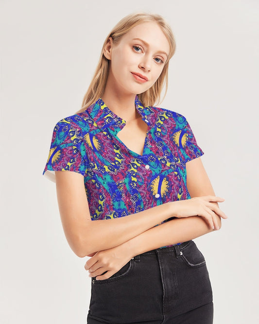 Caribbean Grafitti Women's All-Over Print Short Sleeve Button Up