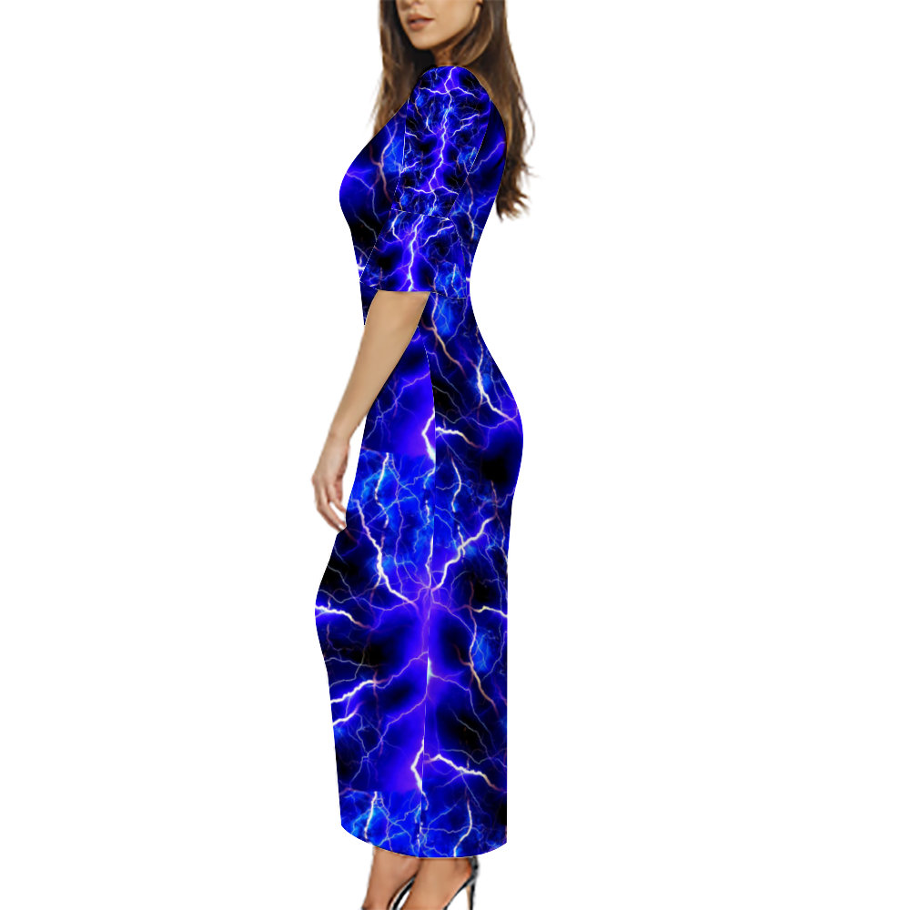 Blue Lightning Custom Lotus Leaf Short Sleeve Long Dress Women's Summer Fashion Dress