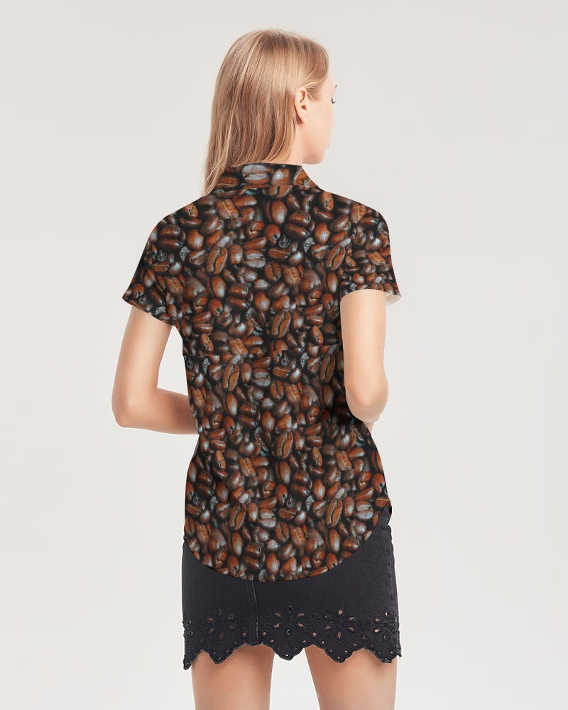 Coffee Bean Pattern Women's All-Over Print Short Sleeve Button Up