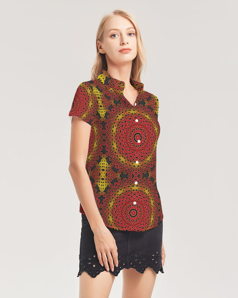 Celtic Orange Spiral Women's All-Over Print Short Sleeve Button Up