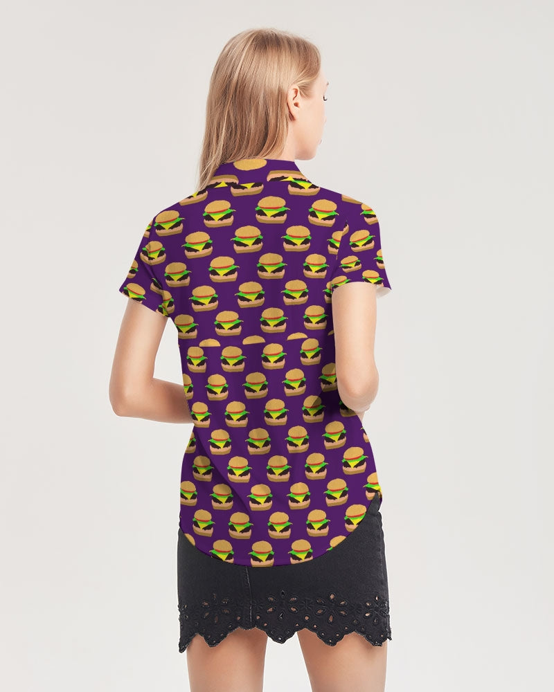 Cheeseburger Pattern Women's All-Over Print Short Sleeve Button Up