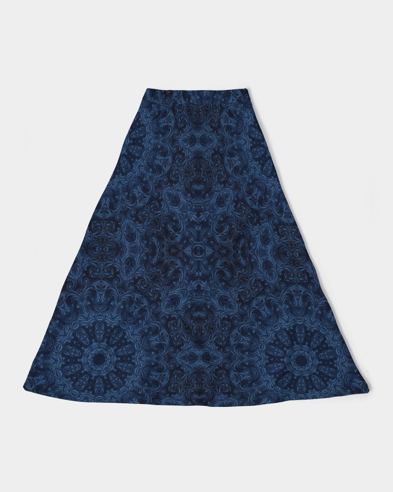 Blue Faux Velvet Kaleidoscope Women's All-Over Print A-Line Midi Skirt