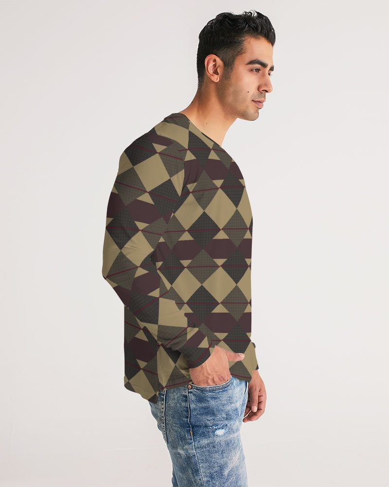 Checkered Brown Plaid Argyle Men's All-Over Print Long Sleeve Tee