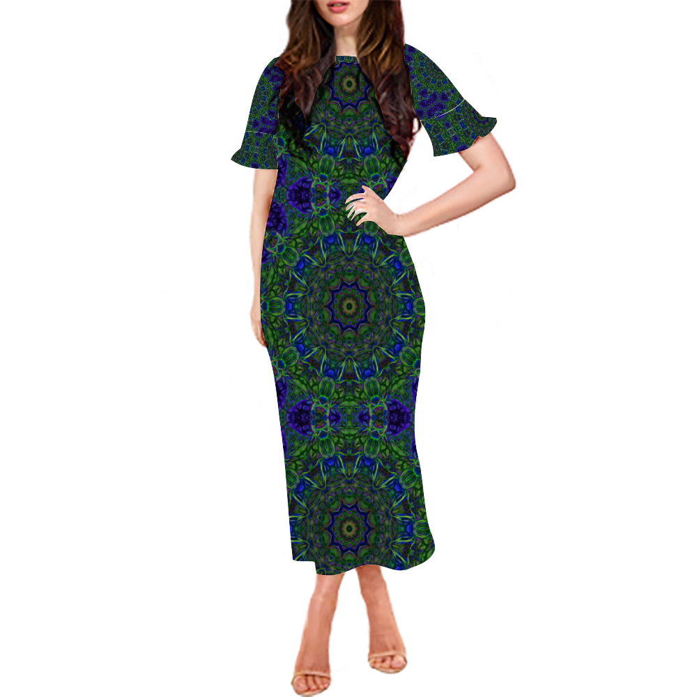 Blue Green Ribbon Kaleidoscope Custom Lotus Leaf Short Sleeve Long Dress Women's Summer Fashion Dress